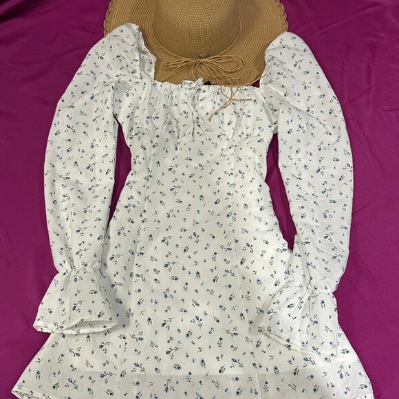 H&M White Blue Floral Tie Neck Mini Dress Size S Cottagecore Boho - Picture 4 of 5